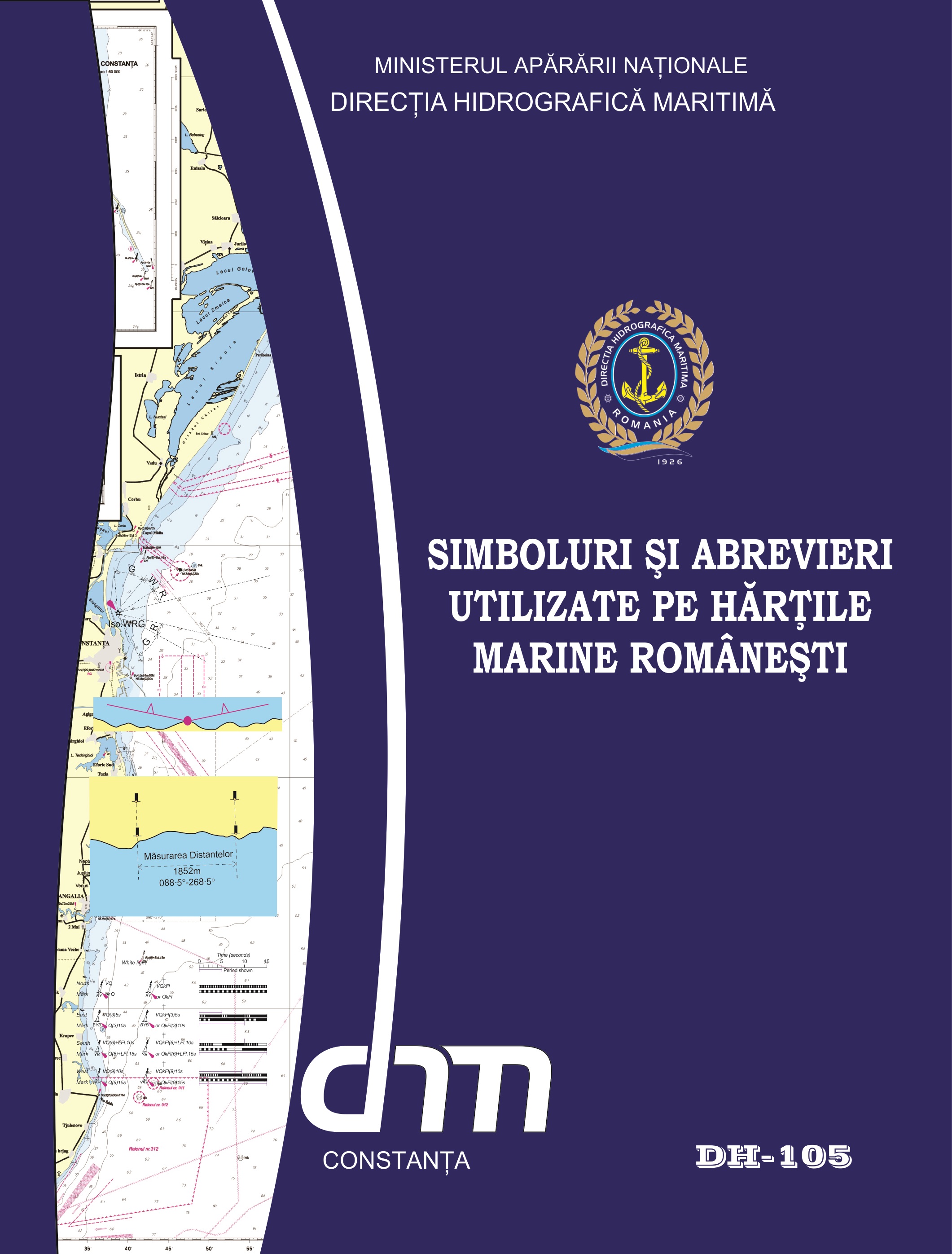 Coperta publicației Simboluri și abrevieri folosite pe hărțile de navigație maritimă românești DH-105